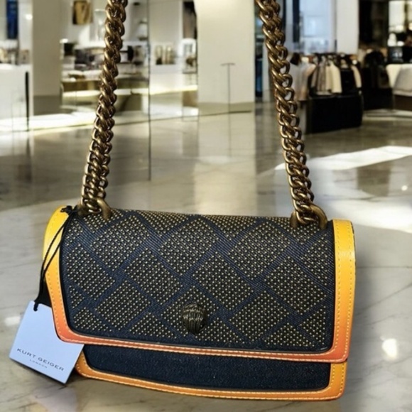 New Kurt Geiger London Shoreditch Denim/Leather Shoulder Bag With Mirror Studded - Picture 8 of 16
